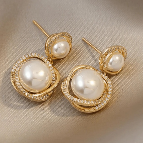 1 Pair High-End Faux Pearl Zinc Alloy Earrings, Rhinestone-Encrusted - Picture 2 of 3